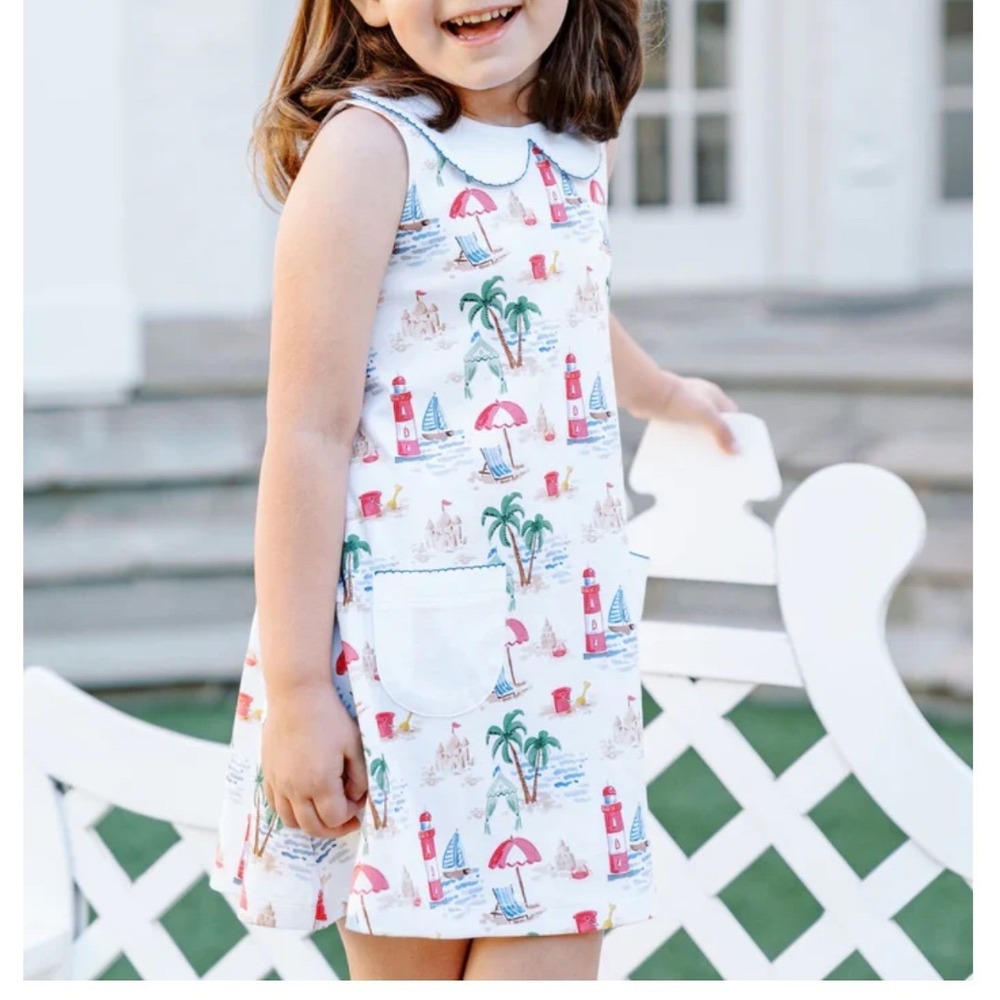 The Proper Peony Girls Beach Print Pima Cotton Peter Pan Collar Dress Size 6Y